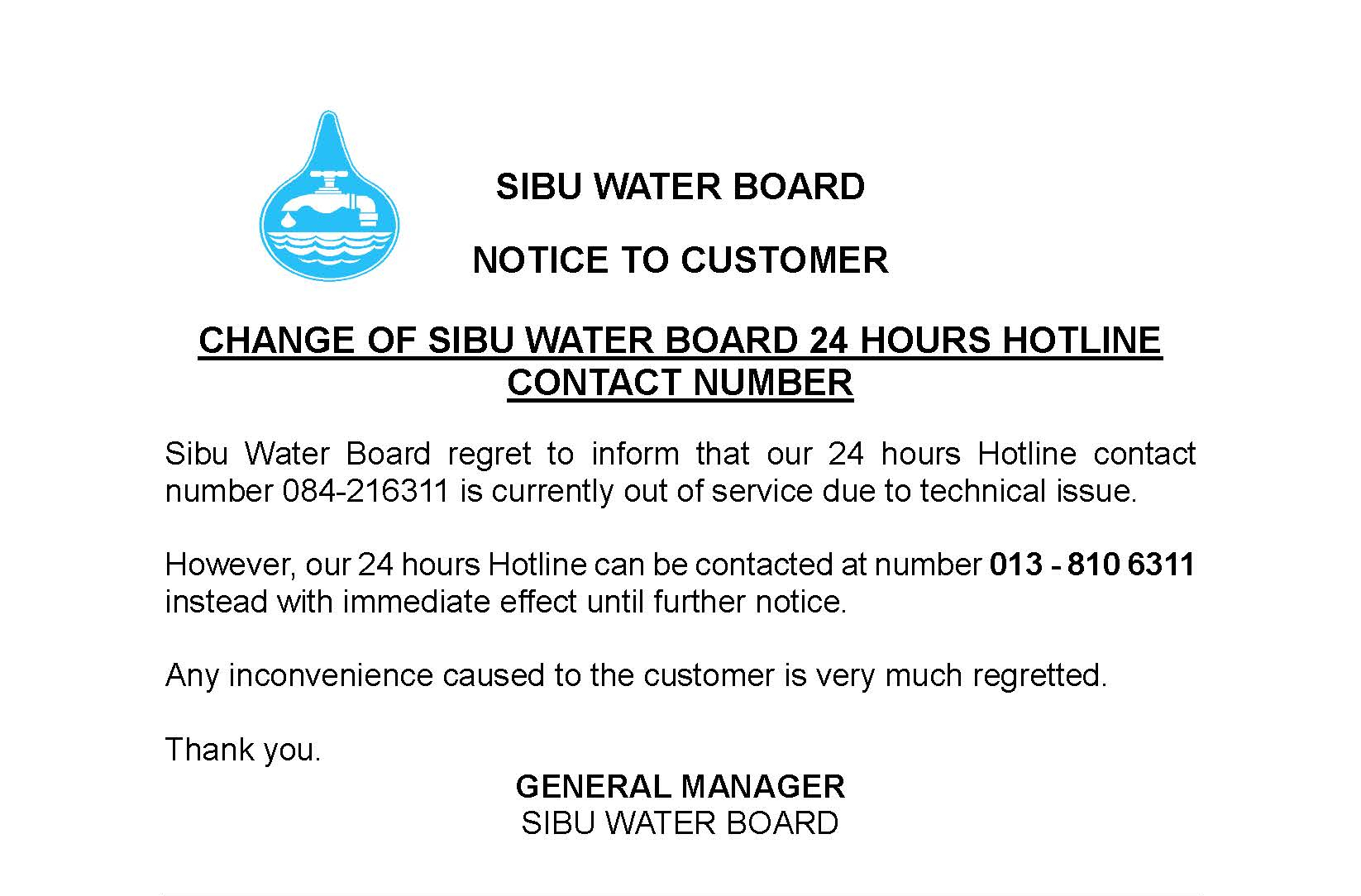 CHANGE OF SIBU WATER BOARD 24 HOURS HOTLINE CONTACT NUMBER