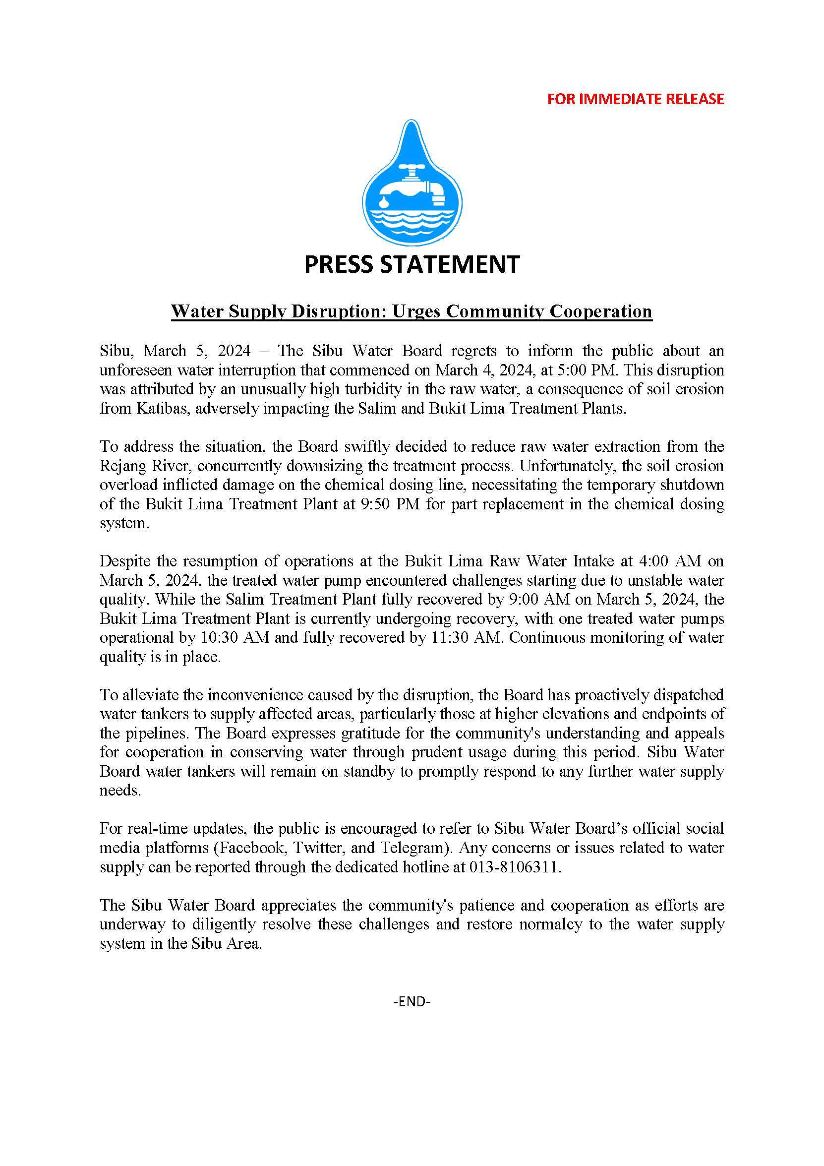 Water Supply Disruption: Urges Community Cooperation